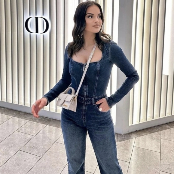 Zara Blue Denim Zippered Seamed Square Neck Long Sleeve Jumpsuit Size Large - Picture 5 of 14